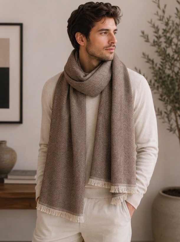 ICSTM0005a Taupe Herringbone Cashmere Blend Stole - Image 1