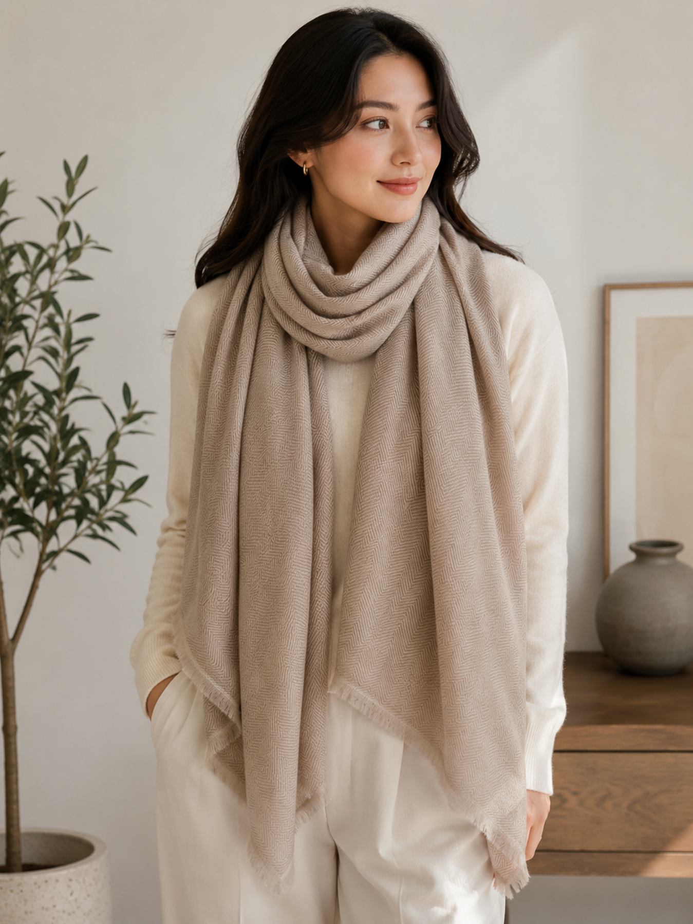 ICSTM0011 Soft Beige Herringbone Cashmere Blend Stole