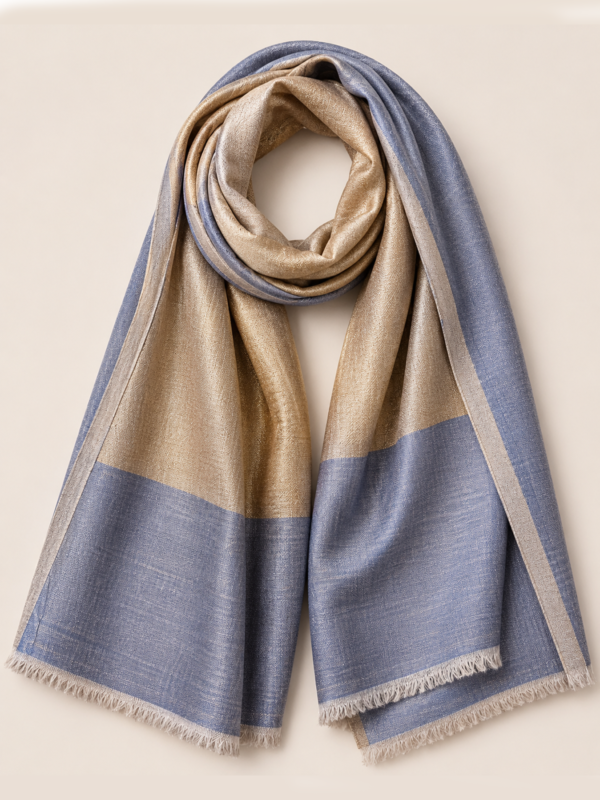 Silver Blue & Champagne Gold Reversible Zari Stole