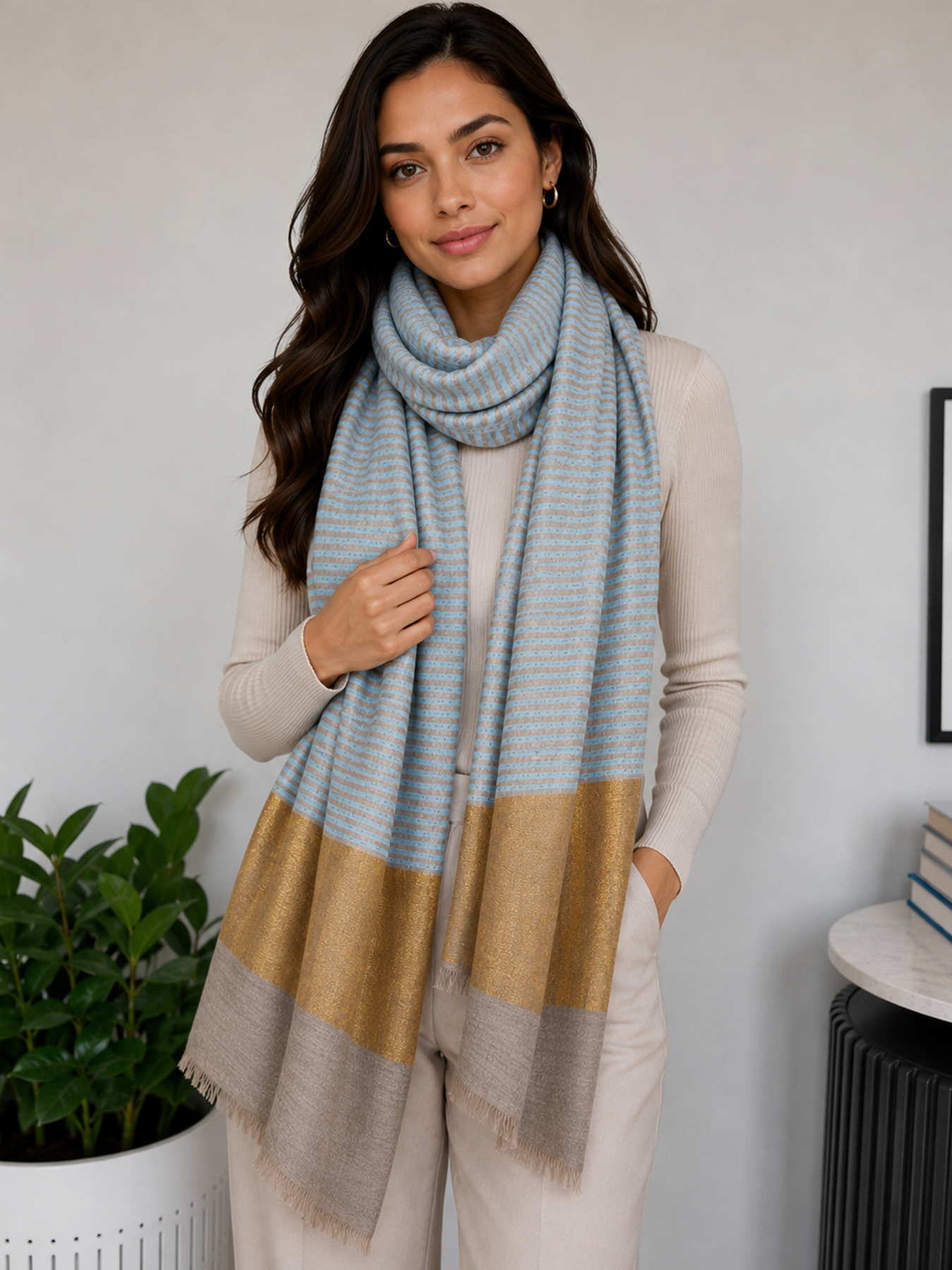 ICSTZS0012a Sky Gold Zari Stripe Shawl - Image 1
